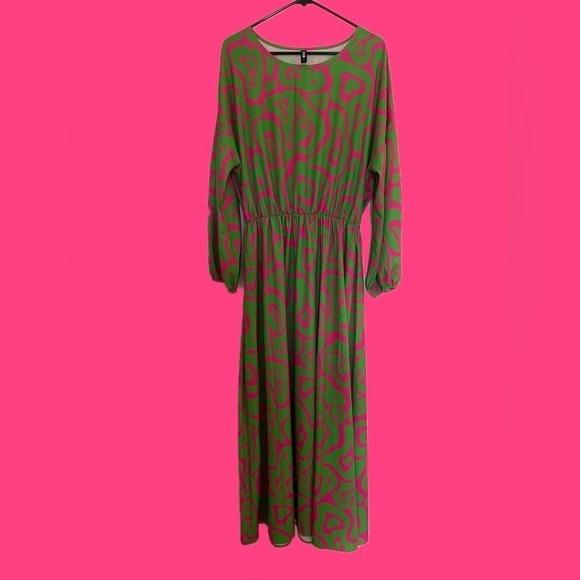 Dresses & Skirts - Stylewe Maxi Dress L – Green Pink Abstract Long Sleeve Elastic‎ Waist Boho Chic